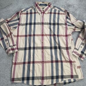 Alan Flusser Men's Large Long Sleeve Button Down 100% Cotton Brown Plaid